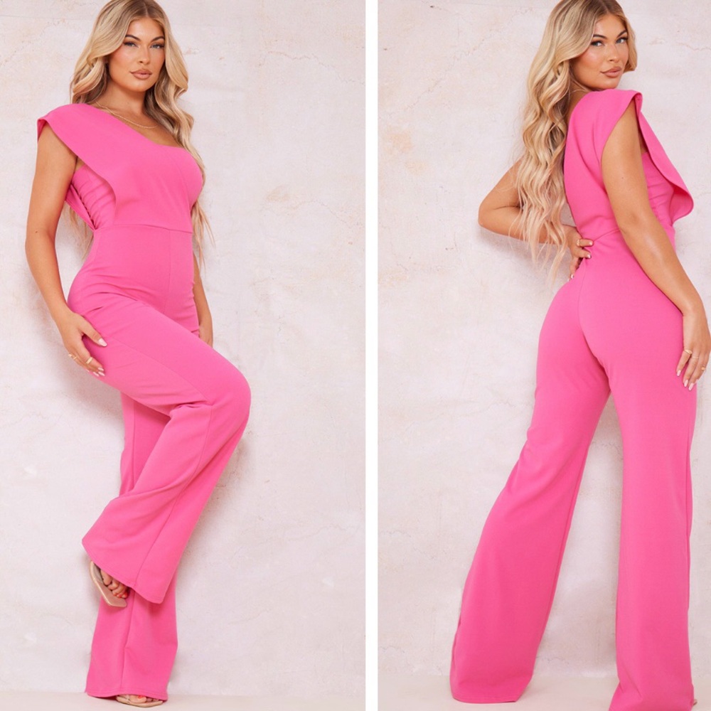 Pretty Little Thing Hot Pink One Shoulder Drape Detailed Jumpsuit